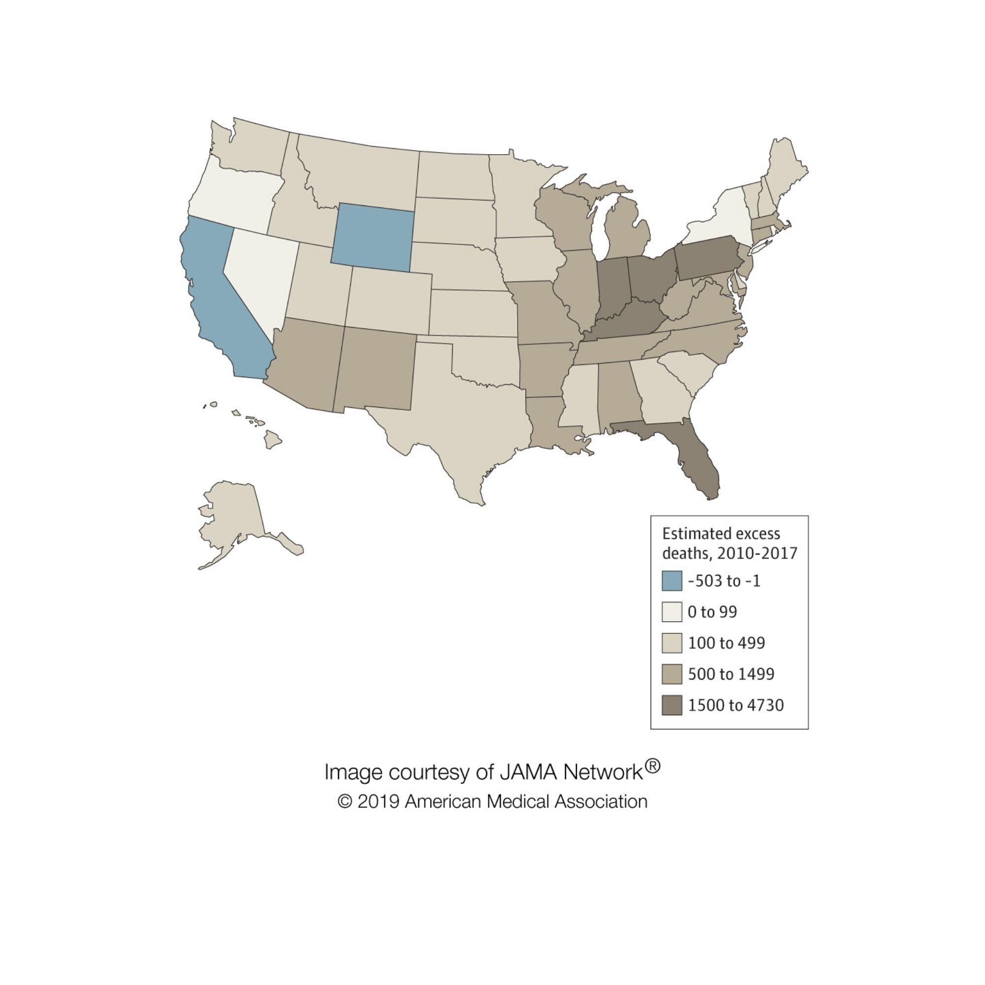 A color-coded map of the United States showing where excess deaths are the highest.