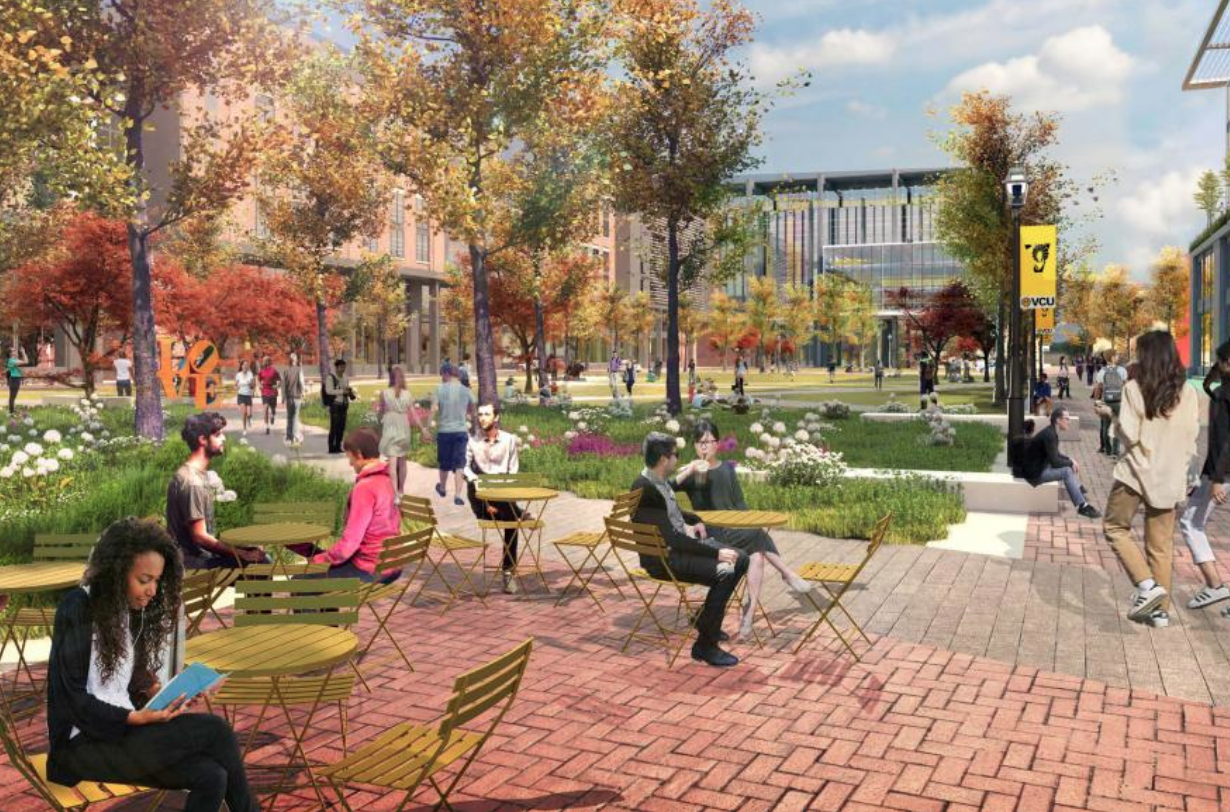 Conceptual rendering of the proposed student commons and wellness building and future academic buildings on the new iconic green. People walking across the lawn and down walking paths.