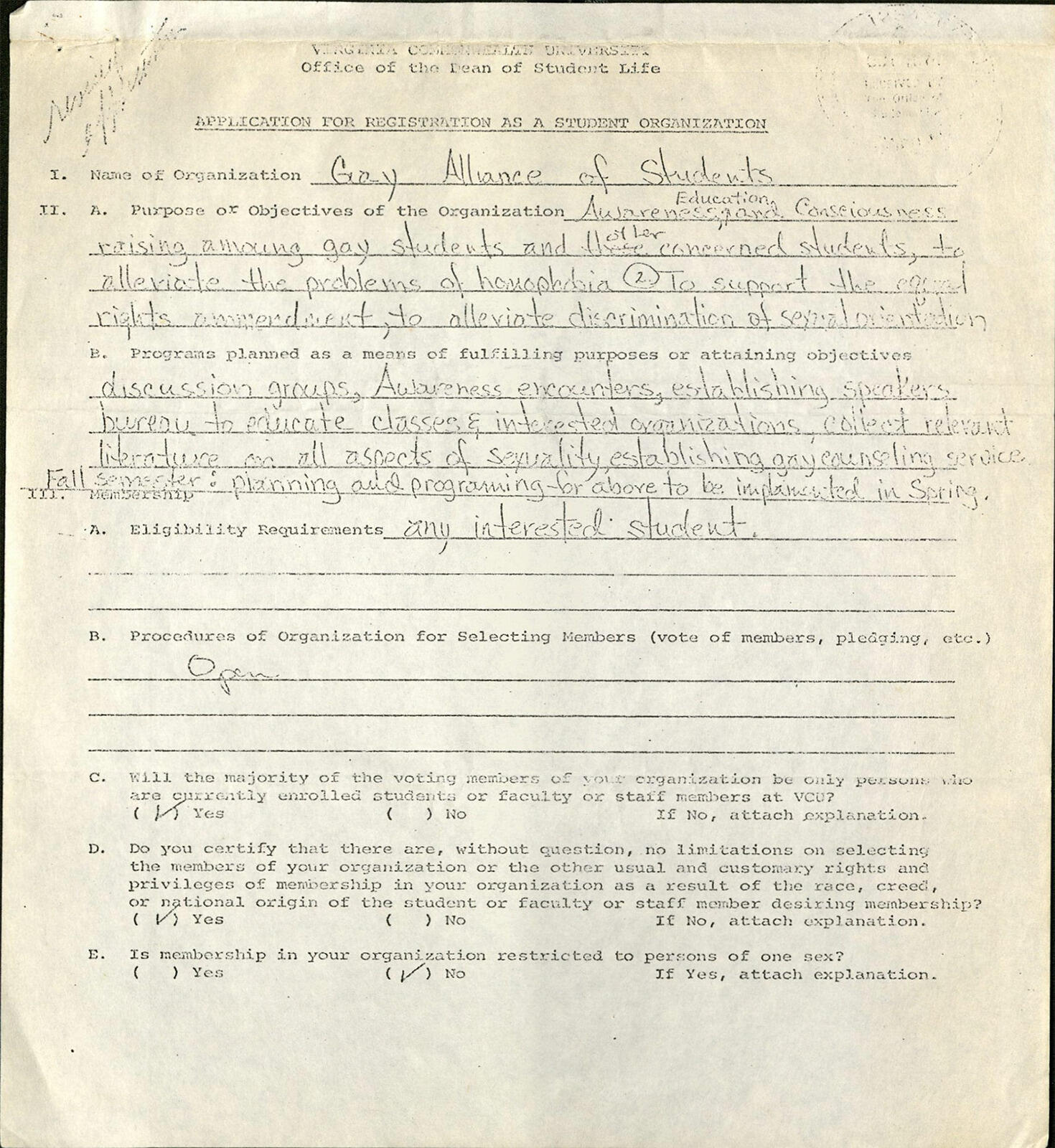 Gay Alliance of Students’ application to VCU to be recognized as an official student organization, signed by Brenda Kriegel, Oct. 2, 1974.
<br>Source: The VCU Gay Alliance of Students Collection, 1974-1976, a collection in Special Collections and Archives, James Branch Cabell Library
