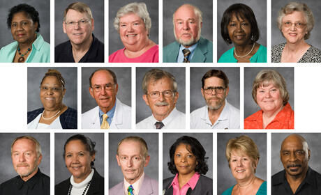 Top row, from left: Esther Chambliss, Pediatrics, 40 years; Winston Chandler, Blood Bank, 40 years; Gaynell Doggett, Health Careers Program, 40 years; Reuben Farley, Mathematical Sciences, 40 years; Edith Farrar, Acute Care Surgery, 40 years; Mae Fox, FN Administration, 40 years. Middle row: Mary Margaret Fosmark, Advancement Services, 40 years; Melvin Fratkin, Radiology-Nuclear Medicine, 40 years; Joseph Levasseur, Neurosurgery, 40 years; Charles B. Loving, Physical Plant, 45 years; Betty Magner, Radiation Oncology, 40 years. Bottom row: John Pagels, Biology, 40 years; Betty Pleasant, Clinical Research Center, 40 years; Larry Robinson, Art Foundation Program, 50 years; Marie Starkes, Procurement, 40 years; Judy Taylor, Humanities and Sciences, 40 years; Kermit Wilkerson, Central Receiving, 40 years
