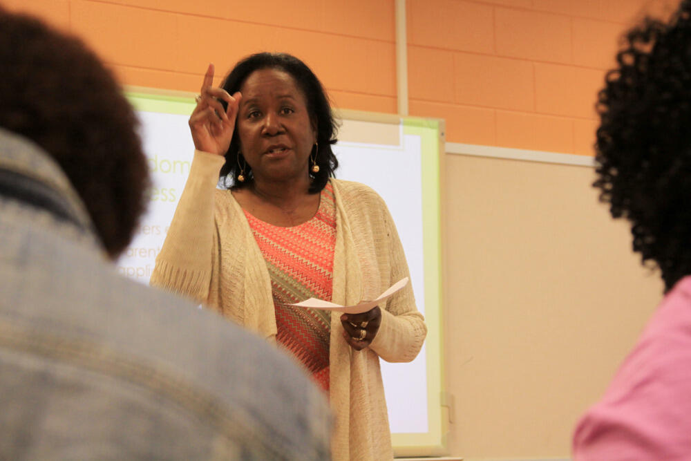 Jody L. Allen, Ph.D., visiting assistant professor of history at the College of William & Mary, gives the teachers an in-depth lecture on Green v. School Board of New Kent County at New Kent High School. The landmark decision expedited the pace of school desegregation across the country.