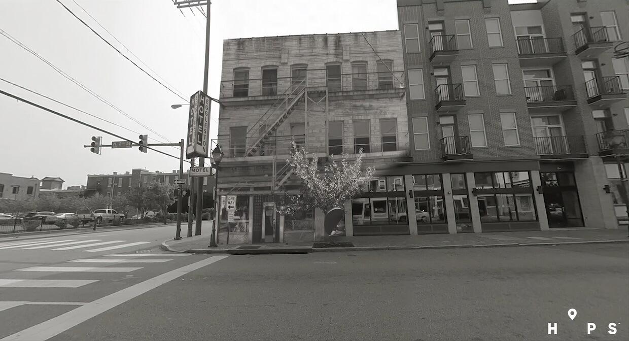 black and white image of the site of the former Eggleston Hotel in Richmond, with an archival image of the hotel superimposed over the modern-day photo
