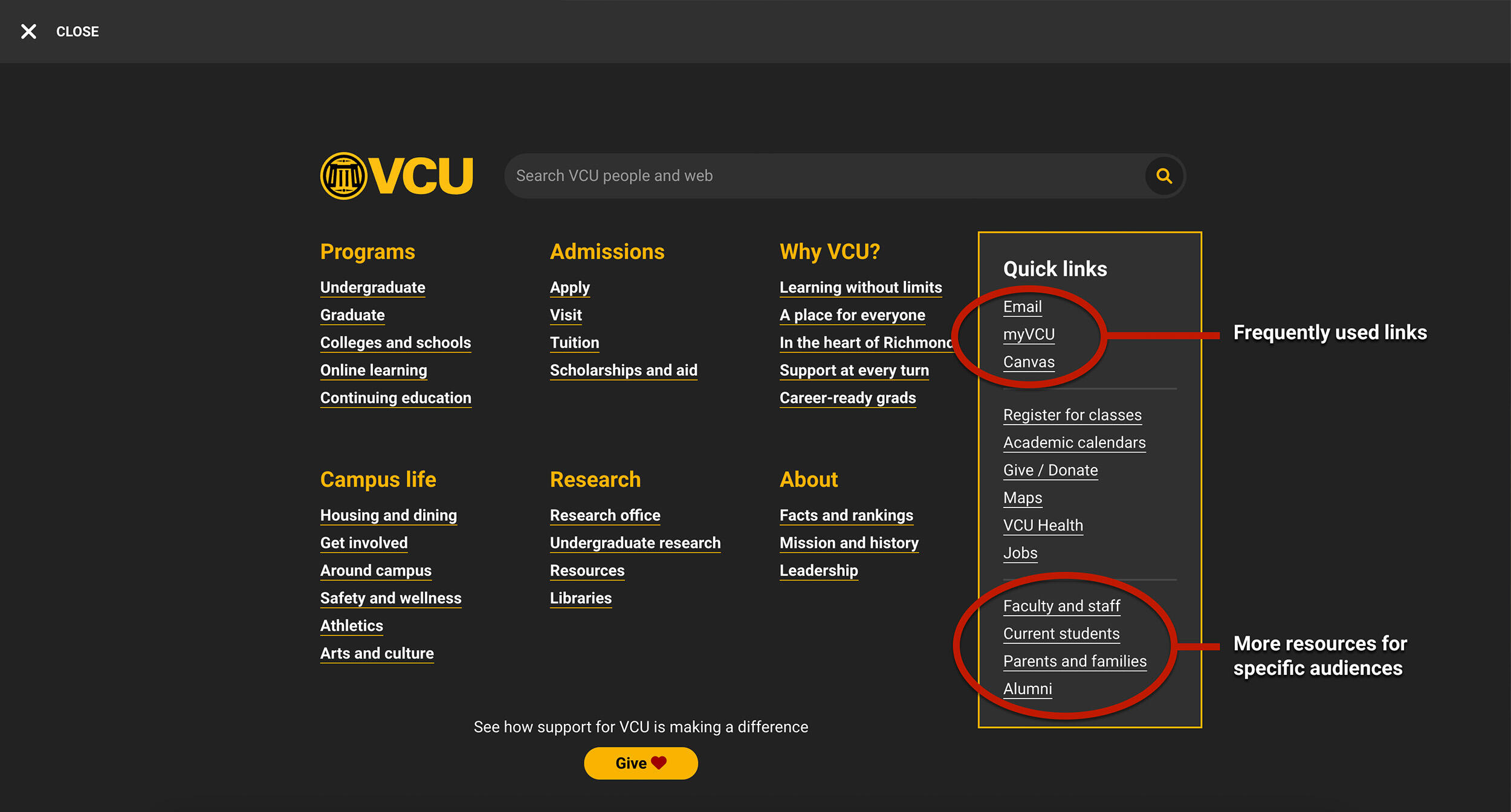 A screenshot of a page index on the new VCU website. 