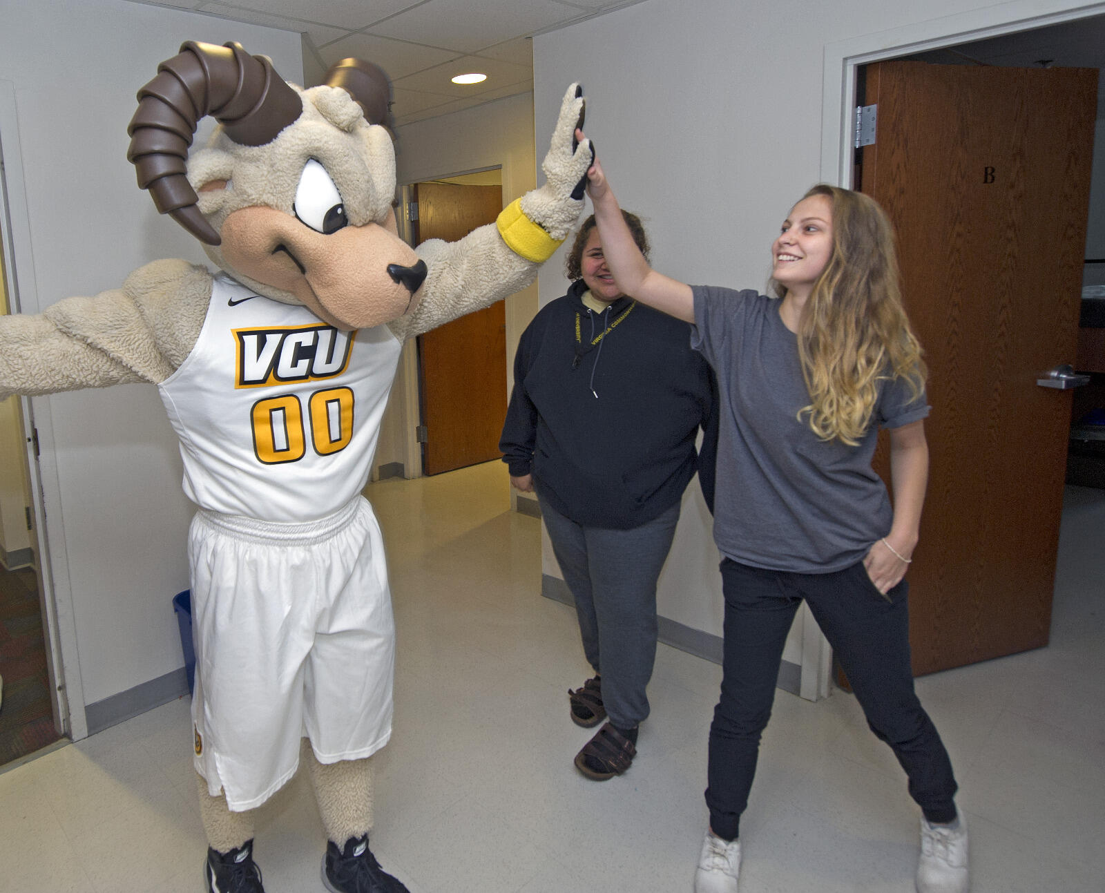 Students were excited to see Rodney the Ram show up at their door.