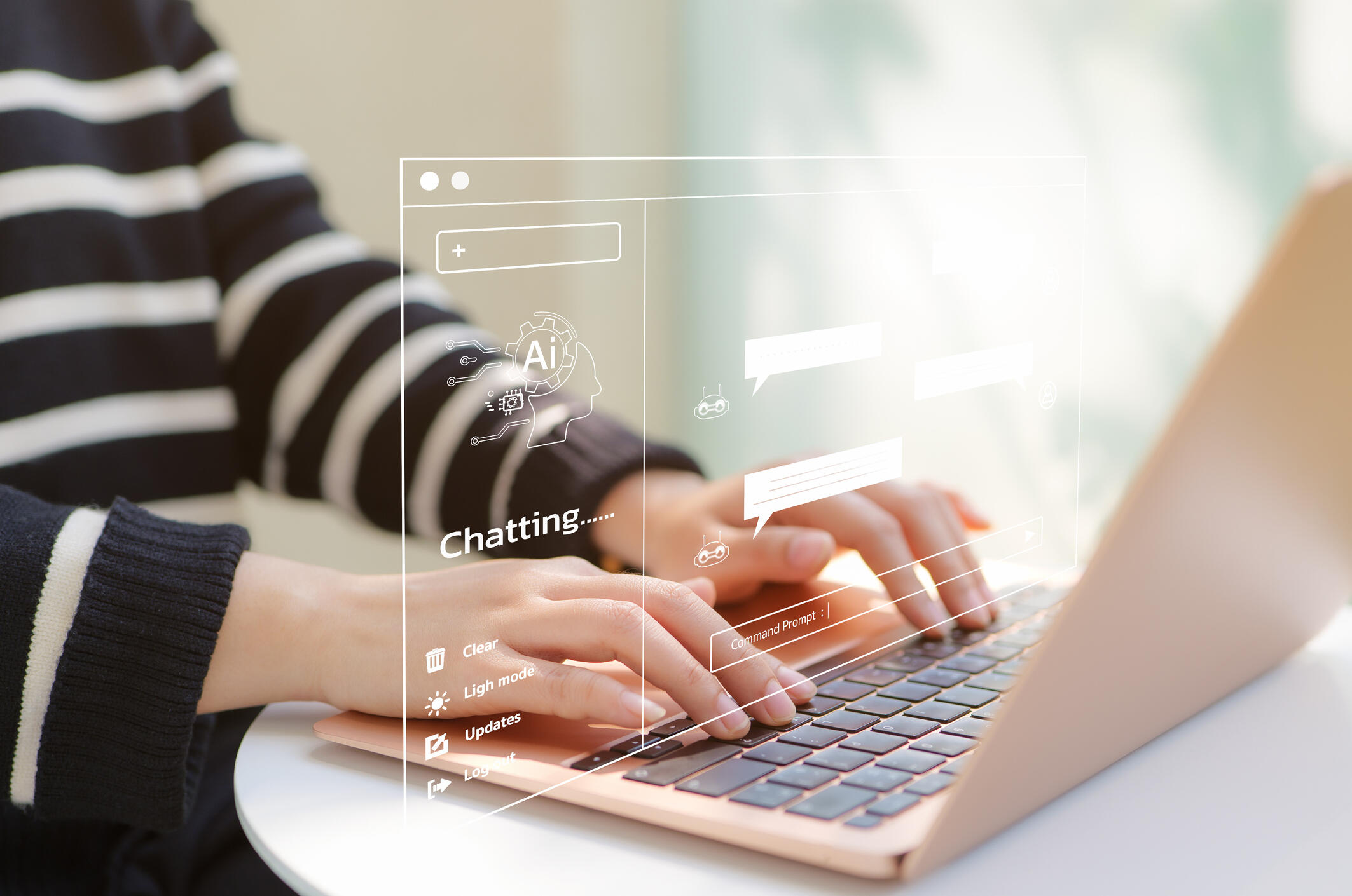 A photo of a person typing on a laptop. Above their hands is a white illustration that shows a computer page with an AI chat bot. 