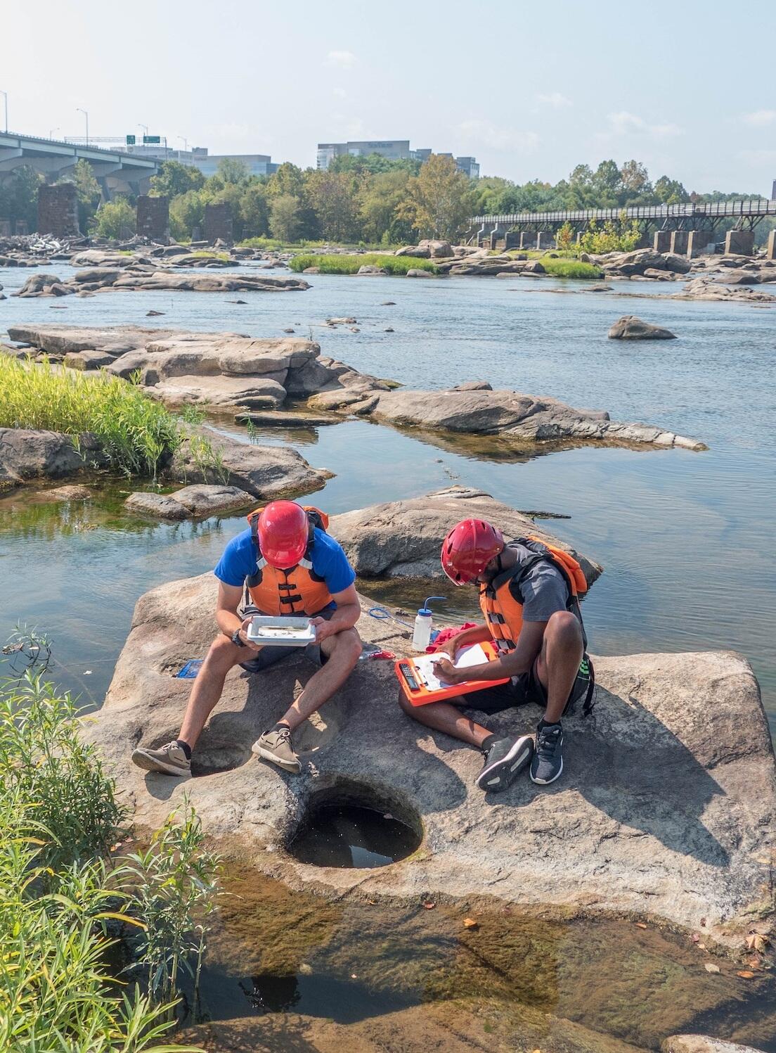 VCU students take samples from water pools collecting on rocks on the James River.