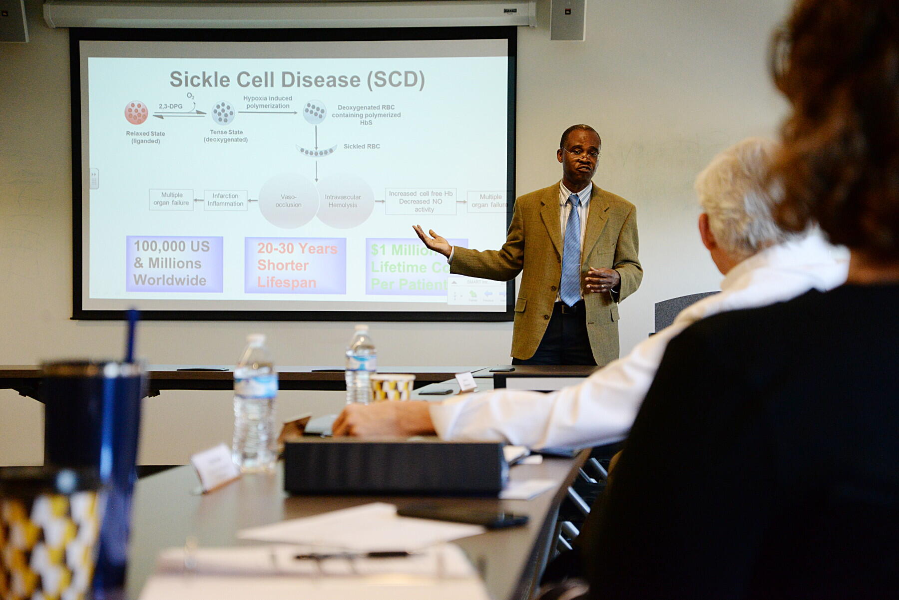 Martin Safo, Ph.D., a professor in the Department of Medicinal Chemistry in the School of Pharmacy, presents his proposal for the synthesis, formulation and PK/PD studies of novel synthetic antisickling agents. (Photos by Brian McNeill)

