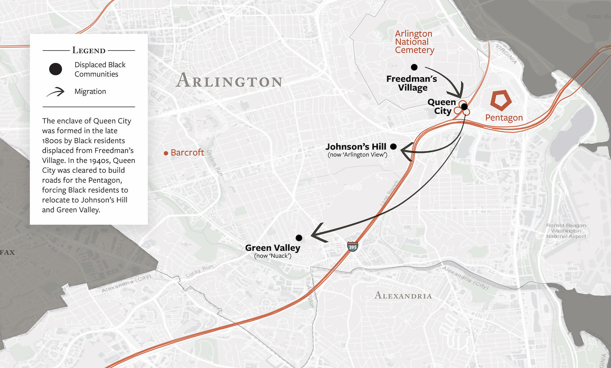 Map showing migration of Black Americans in Arlington Virginia. Queen City was formed in the late 1800s by Black residents displaced from Freedman's Village (now part of Arlington National Cemetery). In the 1940s, Queen City was razed to build roads for the Pentagon, forcing Black residents to relocate to Johnson's Hill and Green Valley. 