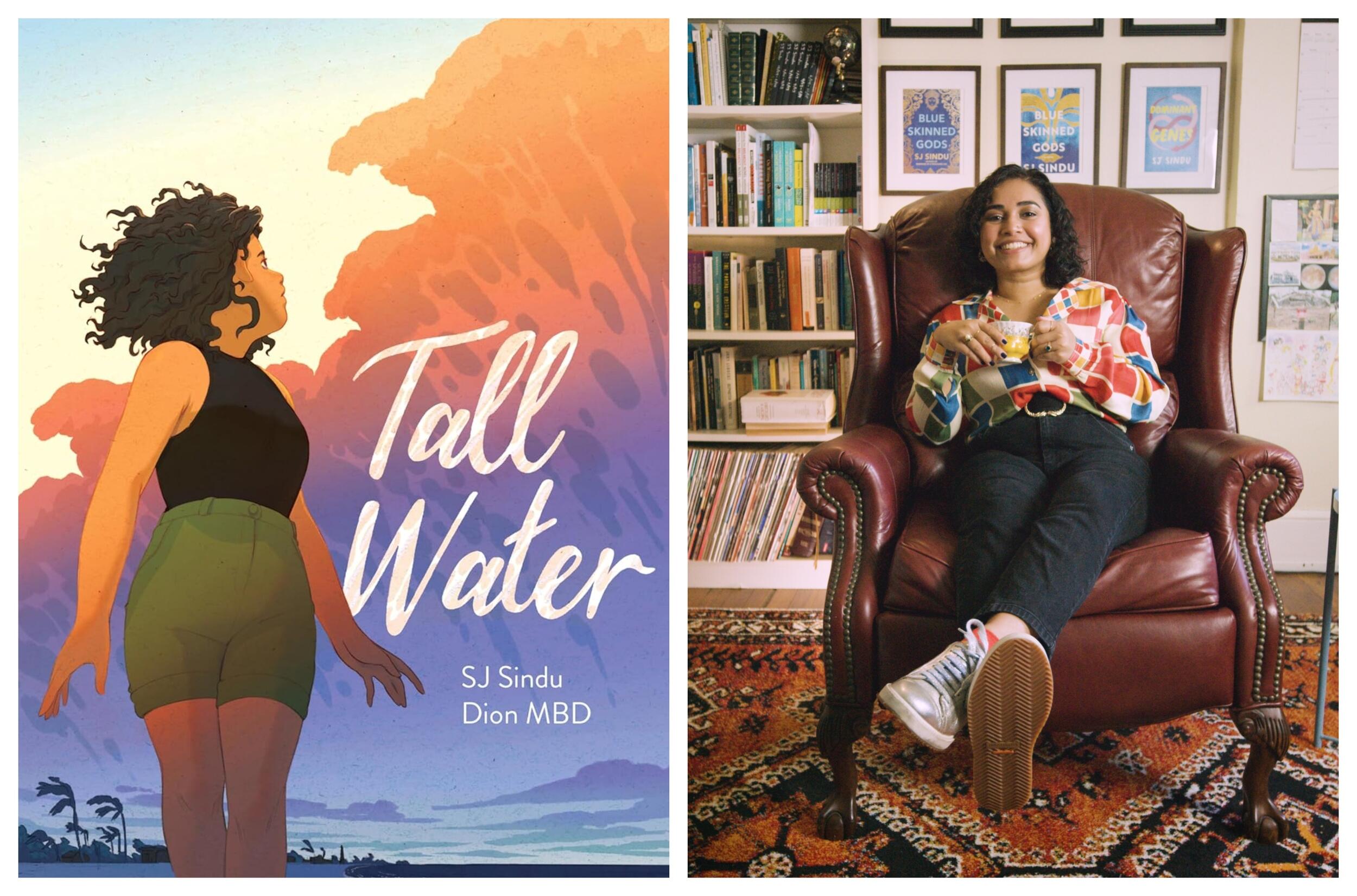 A book cover next to a photo of a woman sitting in a chair. 