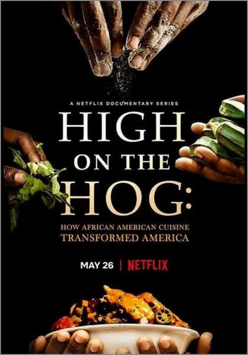 A poster with hands holding food ingerients and a plate of food. In the middle is text that reads \"High on the Hog\"