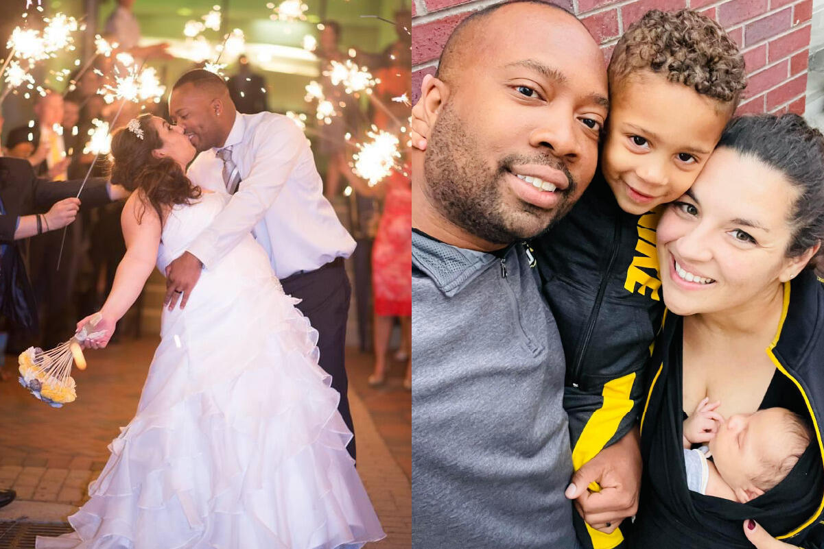 On the left is a photo of a man in a button up shirt kissing a woman in a wedding dress surrounded by sparklers. On the right is a photo of the man and woman with a small child and a baby.