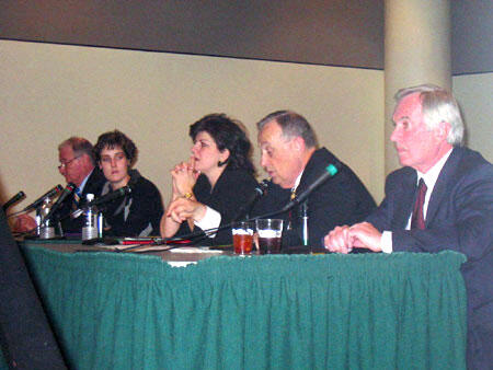 From left: Dr. Charles Sydnor, president/CEO of Commonwealth Broadcasting; Amy Sebring, higher education fiscal analyst, Virginia Senate Finance Committee; Phyllis Palmiero, executive director State Council of Higher Education for Virginia; Dr. Eugene P. Trani, VCU president and Dr. Don Finley, executive director of Virginia Higher Education and Business Council participate in a panel discussion entitled “Leadership Perspectives: Issues in Virginia Higher Education” during the VCU Graduate Student Association’s Sixth Annual Research Symposium and Exhibit.

Photo by Malorie Janis, University News Services