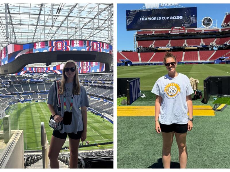Two photos of women standing in two different soccer fields. 
