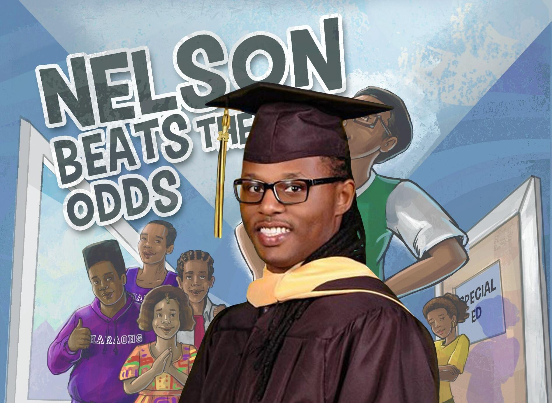 A photo of a man in a graduation cap and gown in front of an illustration of several children standing in a hallway. 