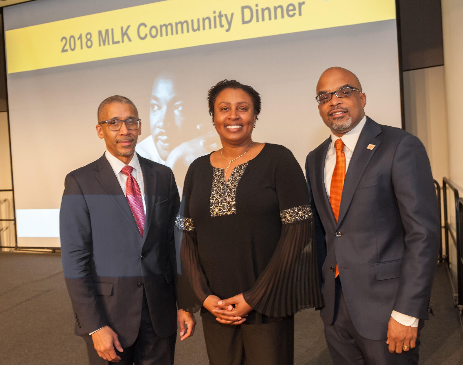 (from left to right) Kevin Allison, Ph.D., senior executive director of strategy and presidential administration and interim vice president for inclusive excellence, and Rosalyn Hobson Hargraves, Ph.D., co-chair, MLK Week Planning Committee and associate vice president for inclusive excellence, stand with Community Dinner keynote speaker Makola M. Abdullah, Ph.D., president of Virginia State University. Photo by Tom Kojcsich, VCU University Marketing.