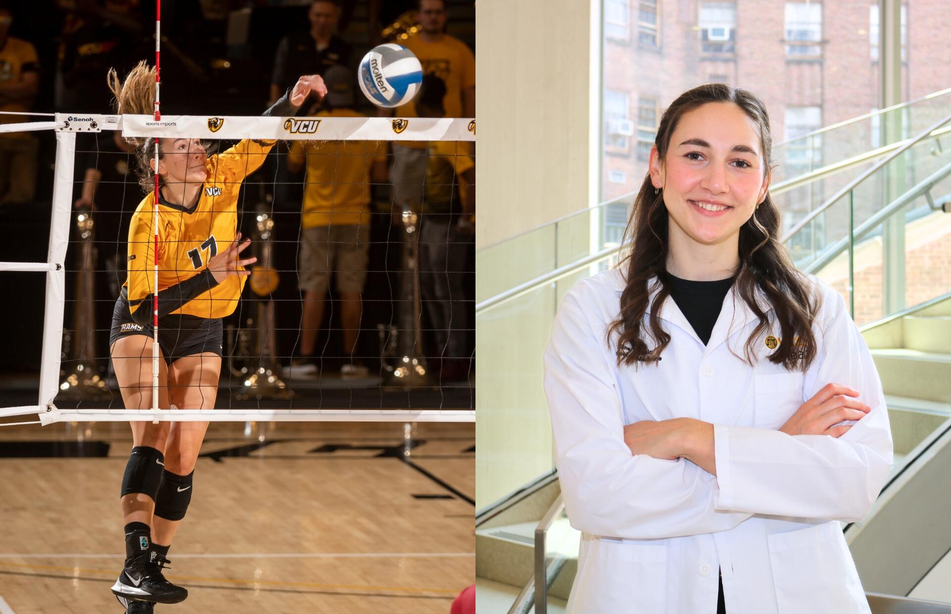A photo of a woman hitting a volley ball next to a photo of a photo of the same woman wearing a white medical coat and smiling. 