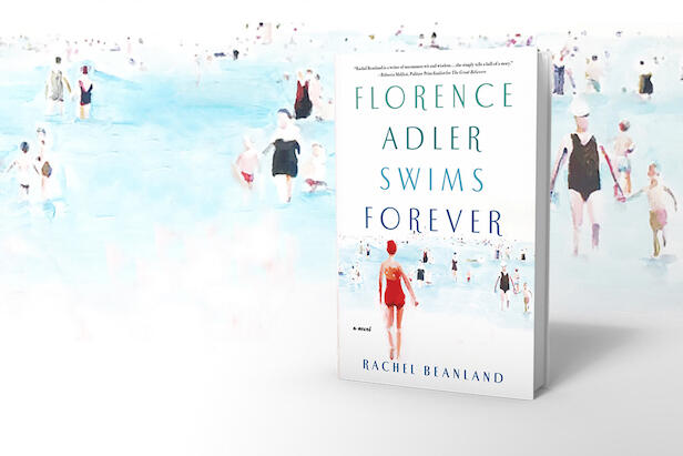 A book cover appears in front of a painting of people at a beach, swimming in water. The book cover states \"Florence Adler Swims Forever. A novel. Rachel Beanland.\"