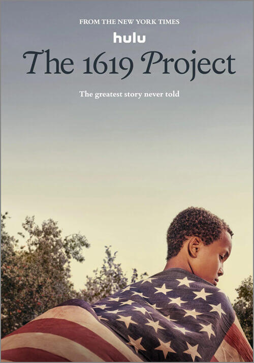 A photo of a Black child wearing an american flag as a cape. At the top is text the reads \"The 1619 Project docuseries\"