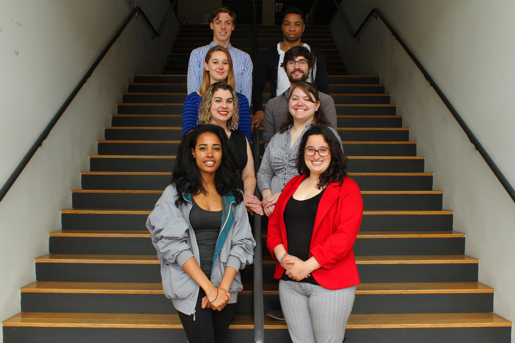 At left are Maya Chesley, Ellen Korcovelos, Erin Coggins and Charlie Perris. At right are Vanessa Diaz, Lynn Secondo, Dylan Halpern and Levester Williams.
<br>Photo by Pat Kane/University Public Affairs
