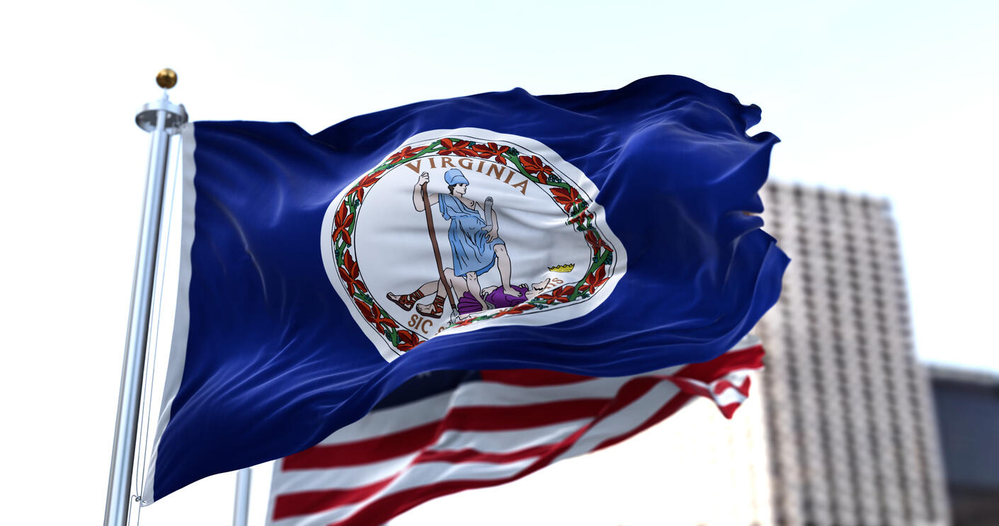 A photo of the state flag of Virginia flying in front of the American Flag. 