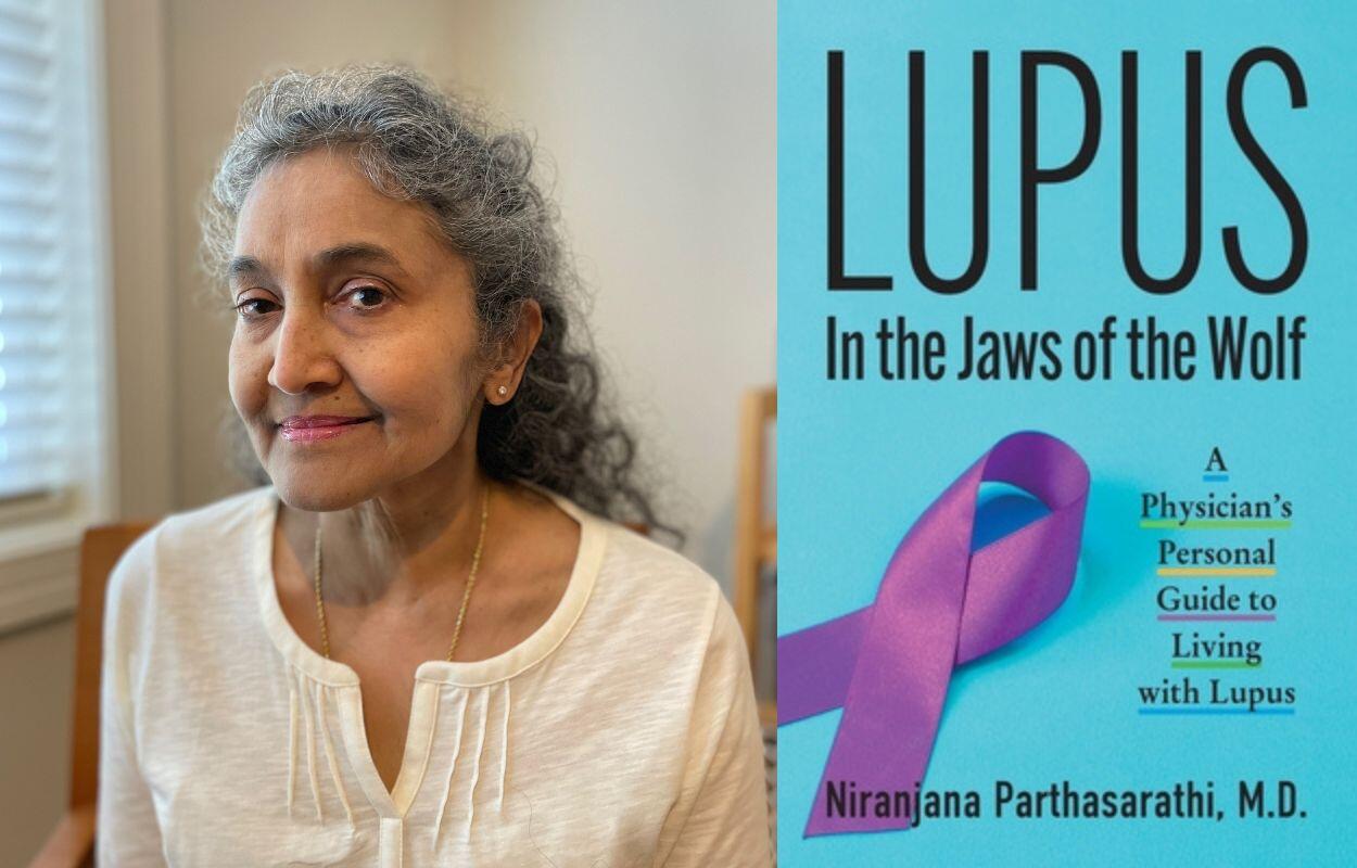 A photo of a woman from the chest up next to a blooks with the title \"Lupus In the Jawas of the Wolf A Physician's Personal Guide to Living with Lupus.\"