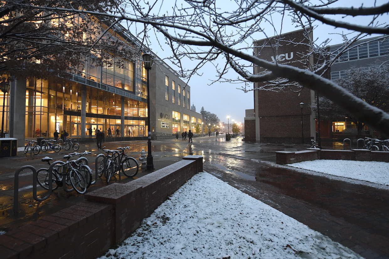 A winter view of the V C U Compass facing Cabell Library and Hibbs Hall.