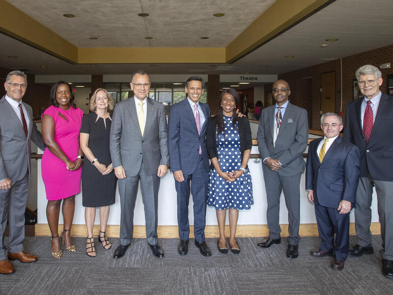 (From left to right) Curtis N. Sessler, M.D., School of Medicine; Anika L. Hines, Ph.D., School of Medicine, School of Population Health; Deborah L. Polo, College of Humanities and Sciences; Fotis Sotiropoulos, Ph.D., provost and senior vice president for academic affairs; VCU President Michael Rao, Ph.D.; Emiola Oyefuga, Ph.D., School of Education; Martin K. Safo, Ph.D., School of Pharmacy; Evan M. Sisson, Pharm.D., School of Pharmacy; and Michael F. Miles, M.D., Ph.D., School of Medicine. (Tom Kojcsich, Enterprise Marketing and Communications)