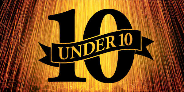 A gold graphic with black letters that says \"10 under 10\"