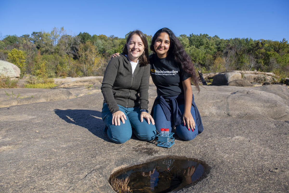 From left: Allison Johnson and Nasita Islam behind a rock pool along the James River in Richmond, Virginia.