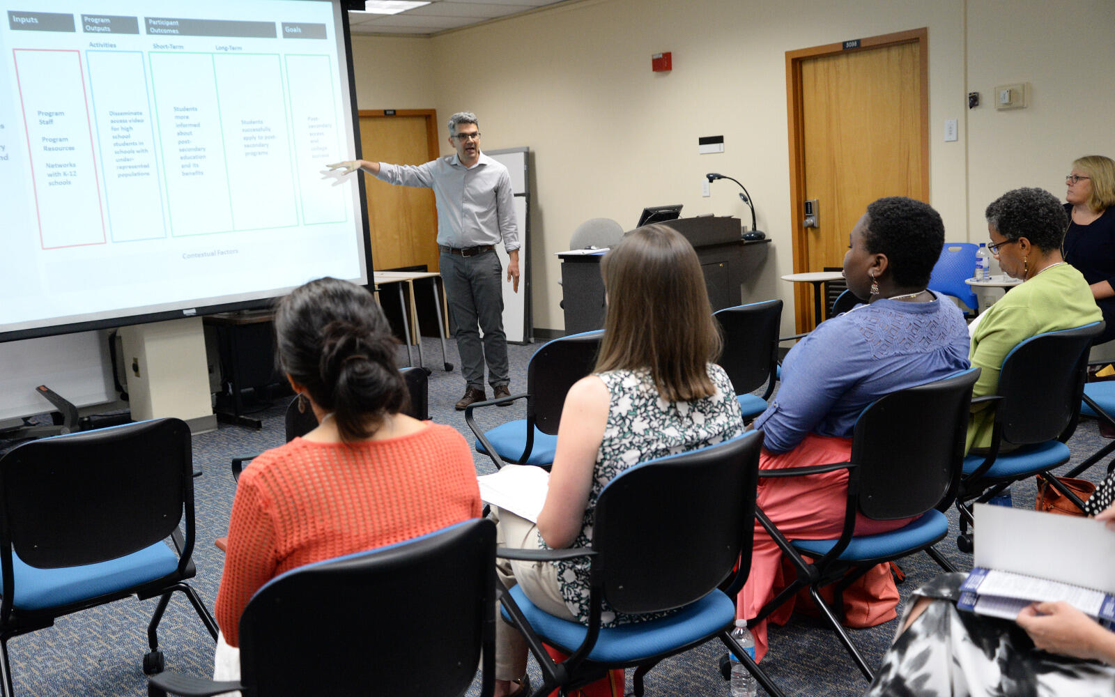 Jesse Senechal, Ph.D., assistant professor in the Department of Foundations of Education and interim director of the Metropolitan Educational Research Consortium, gave the audience tips on how to best use "logic models" to evaluate their programs.
