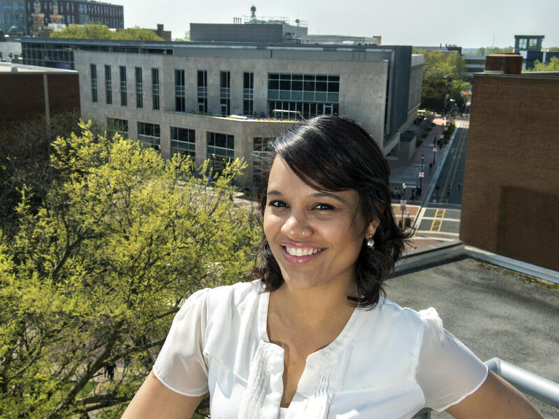 Sarah Izabel, standing outside on the VCU Monroe Park Campus