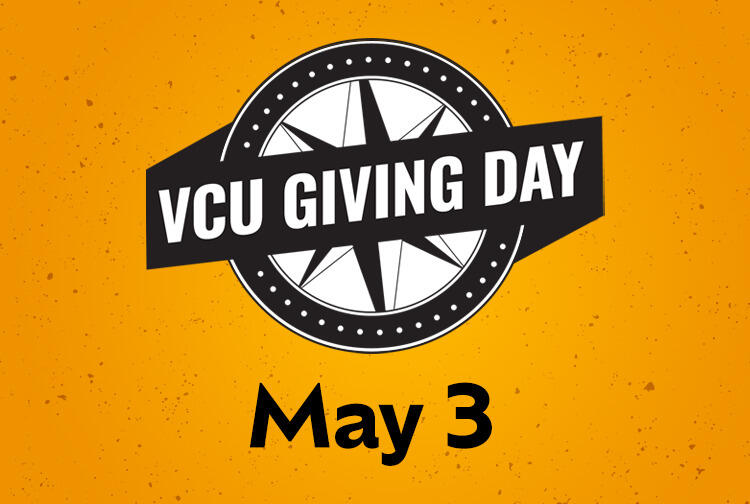 An image of a compass with a black banner over it. On the banner is white text that says \"VCU GIVING DAY\" and underneath the illustration is black text that reads \"MAY 3\" 