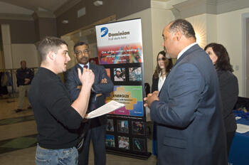 Members of Eta Lambda Sigma, the first professional fraternity in homeland security and emergency preparedness, have been planning their first career fair for the last five months.  It was an opportunity for VCU homeland security and emergency preparedness degree majors to meet with employers who are searching for their special skills.  Photo by Jennifer Watson, VCU Creative Services