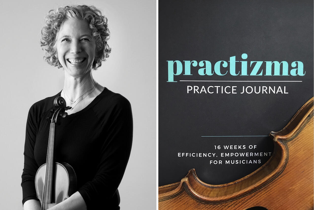 VCU's Susanna Klein pictured on the right. A book cover is pictured on the left, “Practizma Practice Journal: 16 weeks of Efficiency, Empowerment & Joy for Musicians.” 