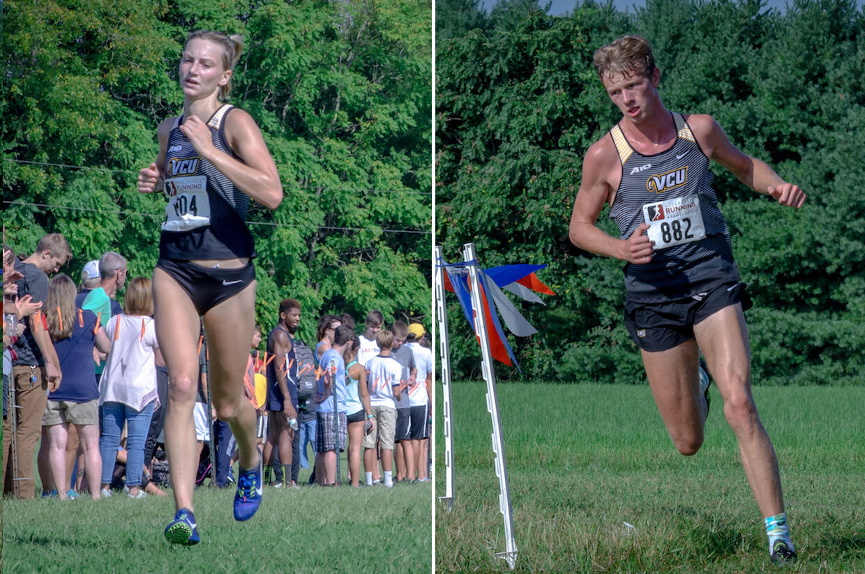 Judith White, left, and the Rams travel to Greenville, North Carolina, next week for the ECU Pirate Invitational. Bryce Catlett, right, finished 22nd out of 299 finishers at the Paul Short Invitational. (Photo courtesy of VCU Athletics)