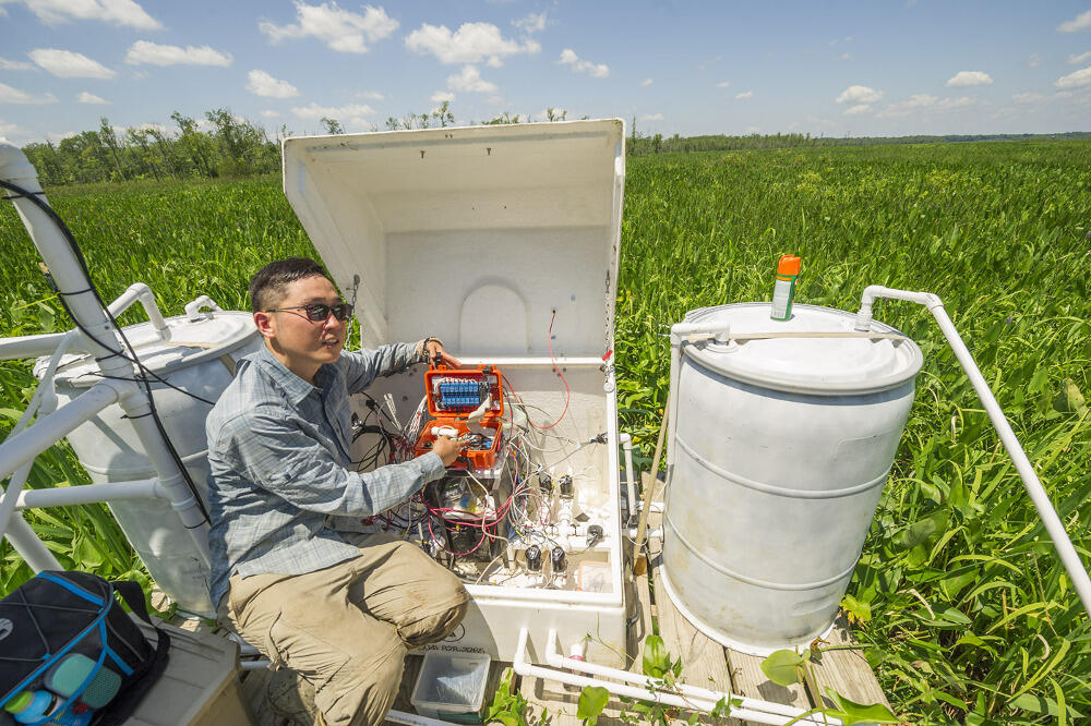 Dong-Yoon Lee, Ph.D., a postdoctoral researcher, shows off the system he built to irrigate 15 plots in Cumberland Marsh with saltwater, simulating the effects of saltwater intrusion brought about by the rising sea level. 
