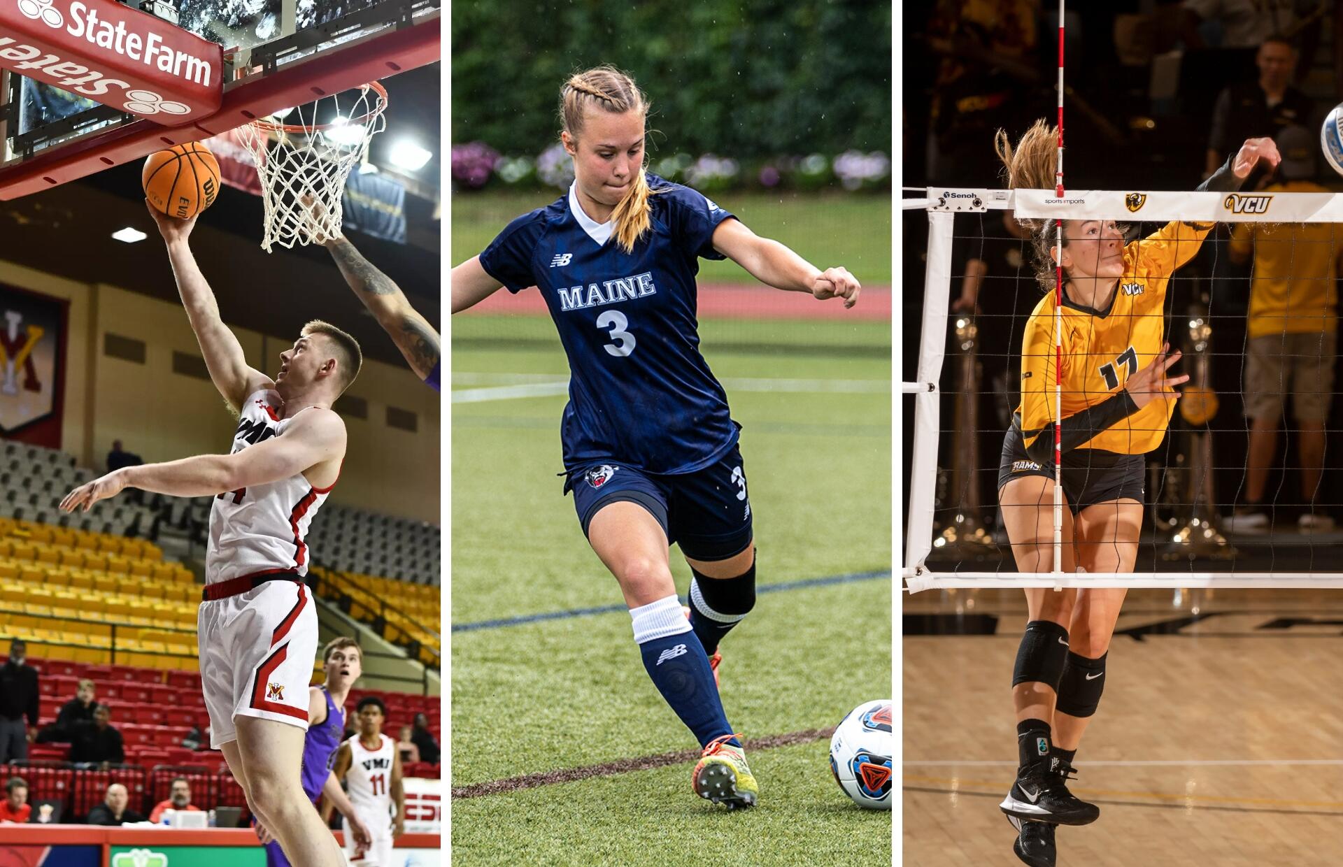 Three photos side by side. The first is a man playing basketball and blocking a ball from getting into a hoop. The second is a woman playing soccer, abolut to kick a ball. The third is a woman playing volley ball after hitting a ball. 