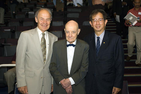 (L-R) Dudley R. Herschbach,  Ph.D., of Harvard University; John B. Fenn, Ph.D., of Virginia Commonwealth University; and Yuan-Tseh Lee, Ph.D., president of Academia Sinica, who holds affiliations with Taiwan National University and the University of California, Berkeley; all took part in the Fenn 90 symposium. The symposium, held June 15, 2007, was to celebrate the 90th birthday of Fenn, a 2002 Nobel Prize winner. Herschbach and Lee are 1986 laureates. Participants at the all-day symposium addressed developments in chemistry and mass spectrometry, an analytical technique used to identify, quantify and explain unknown compounds. Fenn was awarded the Nobel Prize for his work in this area. (Photo credit: Allen Jones, VCU Creative Services)