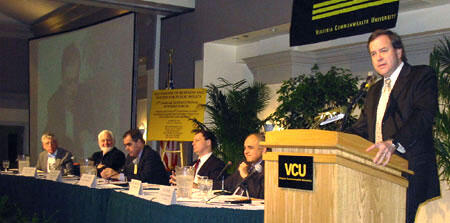 Van R.Wood (right), Ph.D., Philip Morris Chair in International Business and VCU professor for marketing, introduces forum panelists Gurcharan Das, former CEO of Procter and Gamble India; John Harris, Washington Post journalist; David Love, vice president of A.T. Kearney Executive Search; Allan R. Cohen, Ph.D., Edward A. Madden distinguished professor of global leadership and director of corporate entrepreneurship at Babson College; and Emory Thomas, Ph.D., Regents professor of history at the University of Georgia.

Photo by Mike Frontiero, University News Services