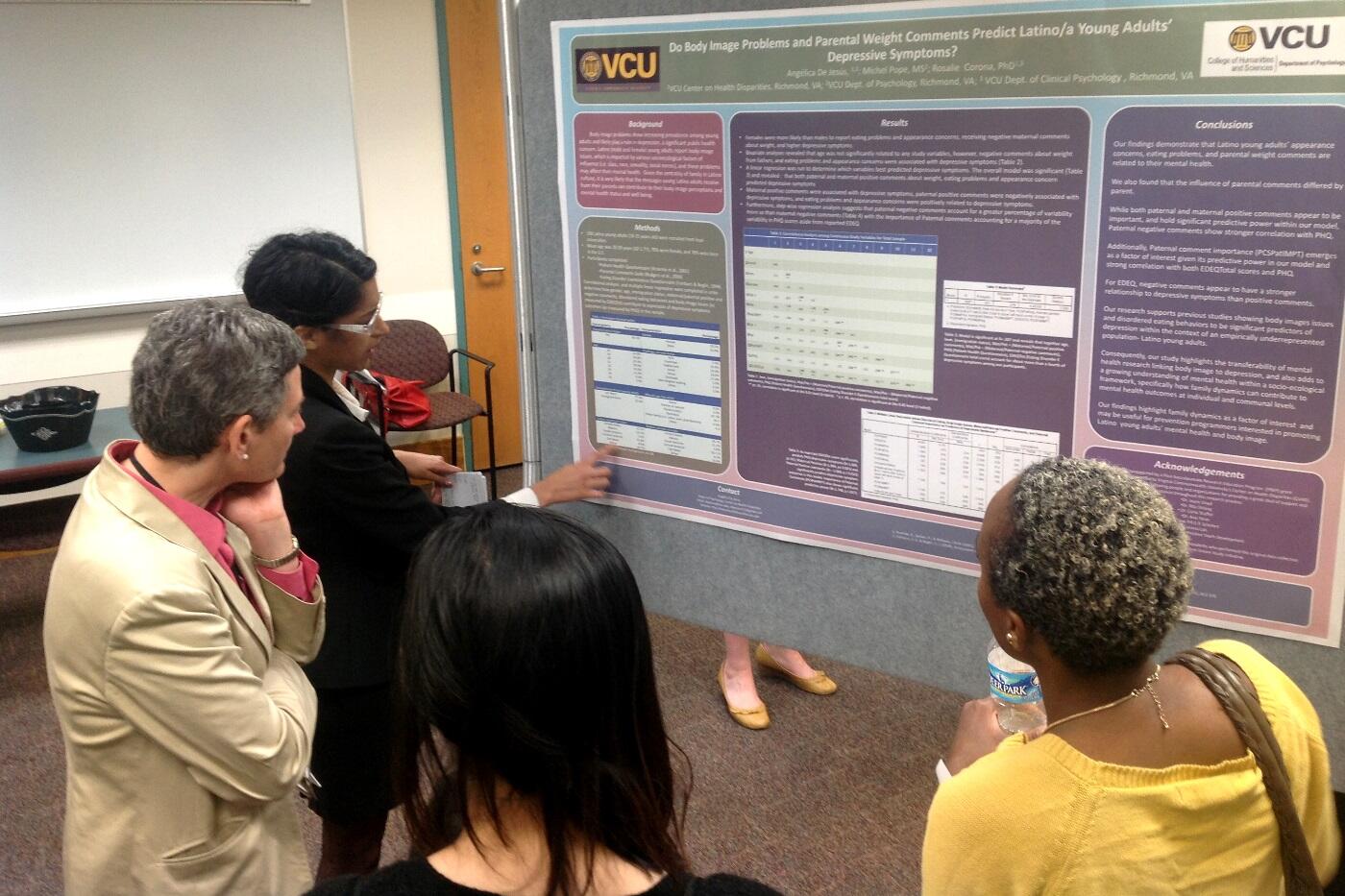 Angelica De Jesus, graduate student in the Department of Psychology, presented her research on body image problems and parental weight comments and how they predict Latino young adults’ depressive symptoms during the 10th Annual Women’s Health Research Day poster session.