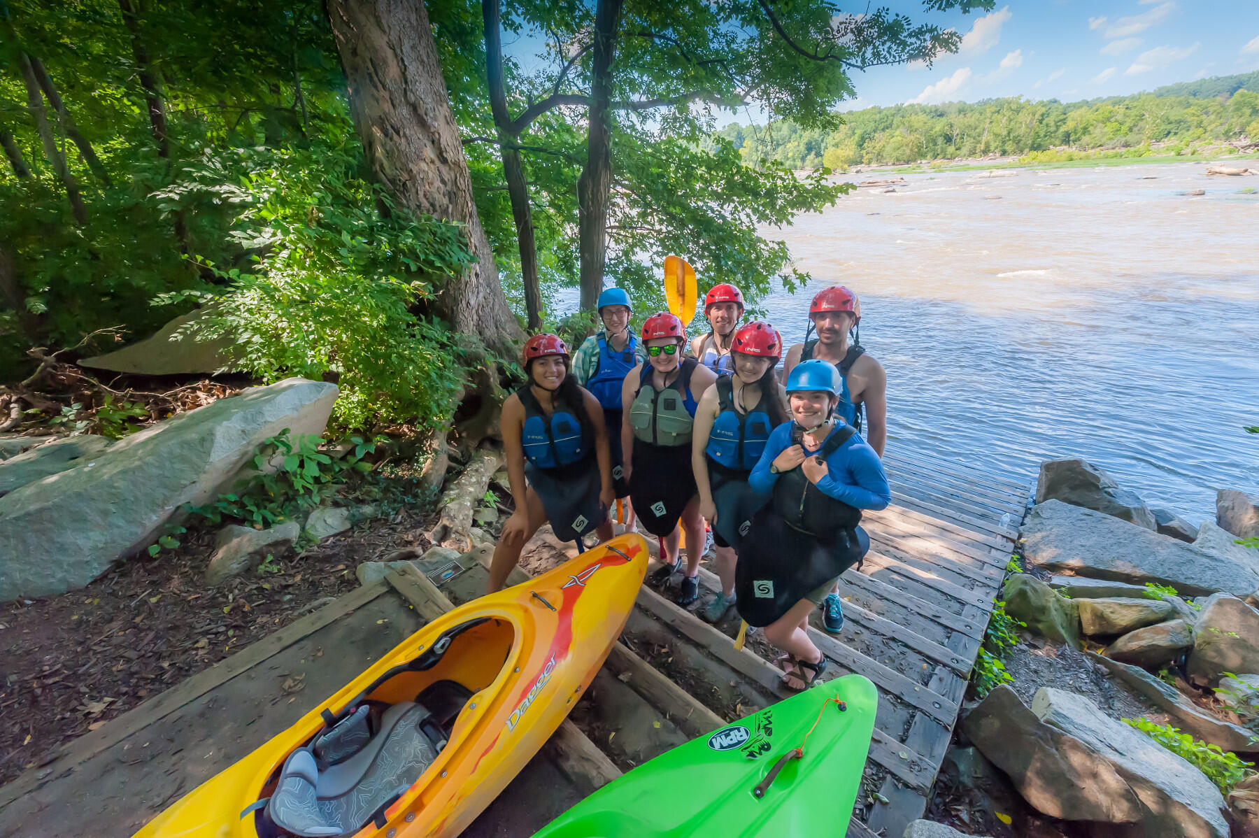 Students prepare to kayak on the upper rapids of the James River during a VCU Outdoor Adventure Program trip on an afternoon in August. (Photo by Tom Kojcsich, University Relations)