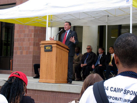 Earlier, Governor Kaine addressed students about safety and preparedness.  The governor called on them to 1) prepare an emergency kit with water, nonperishable food, batteries, a flashlight and a radio,  2) develop a communications plan to help them reach family and friends in the event of an emergency and 3) know where and how to get good information before a disaster strikes. Photo by Mike Porter/University News Services 