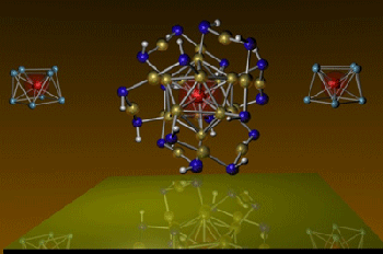 VCs8 and MnAu24(SH)18 magnetic superatoms that mimic a manganese atom. The MnAu24 cluster is surrounded by sulfur and hydrogen atoms to protect it against outside attack, thus making it valuable for use in biomedical applications. Image courtesy of Ulises Reveles, Ph.D, VCU.