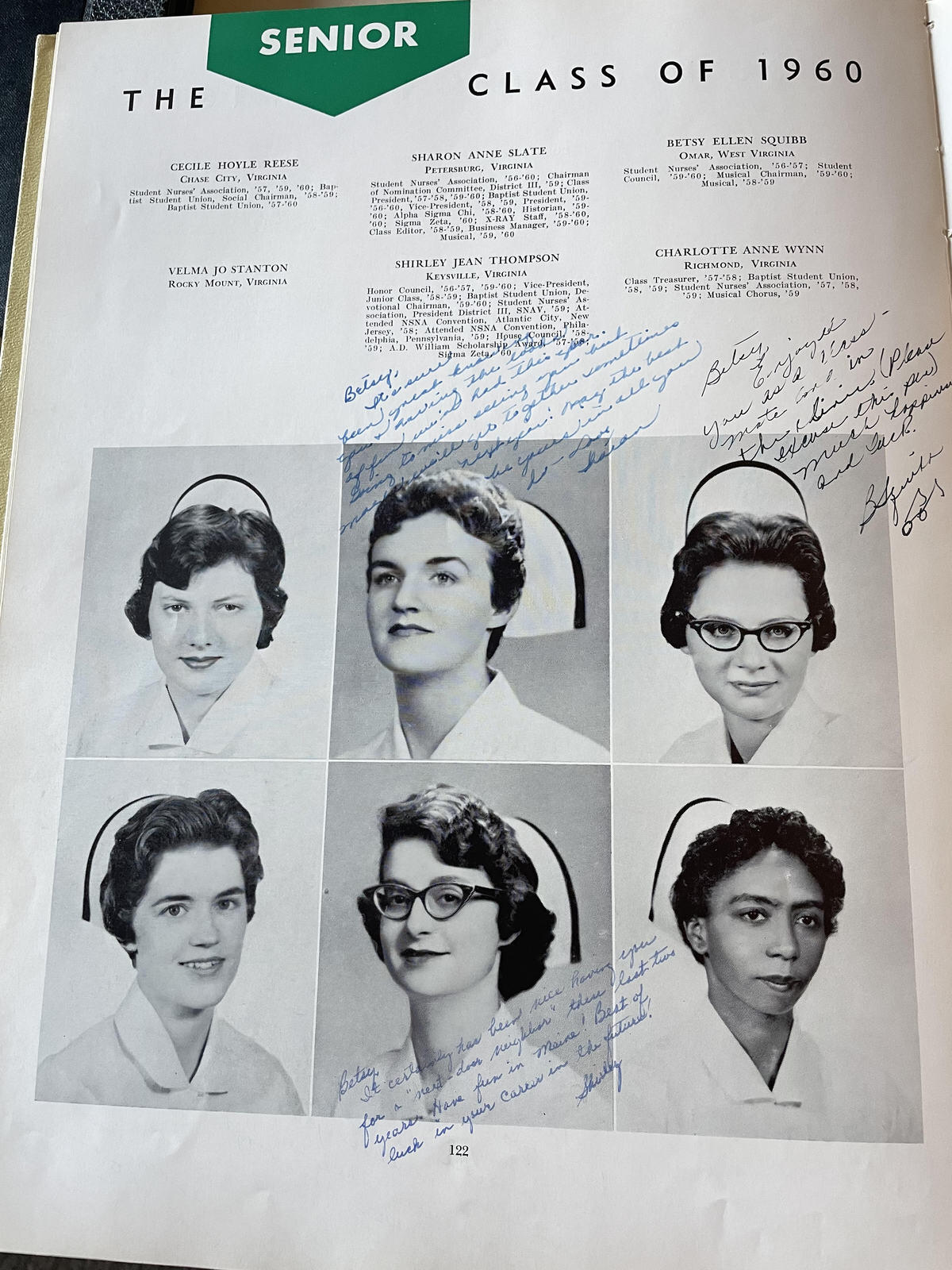 A photo of a yearbook page with notes left over photos. 
