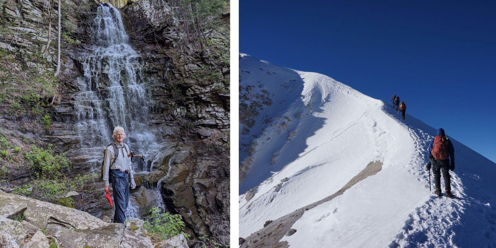 On the left is a photo of a man in front of a waterfall going down the side of a rocky mountain. On the right is a photo of three people climbing up a snowy peak of a mountain. 