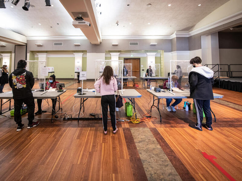 VCU students voting in 2020 at University Student Commons, one of two on-campus polling places, the other being the Institute for Contemporary Art at VCU. (Allen Jones, University Marketing)