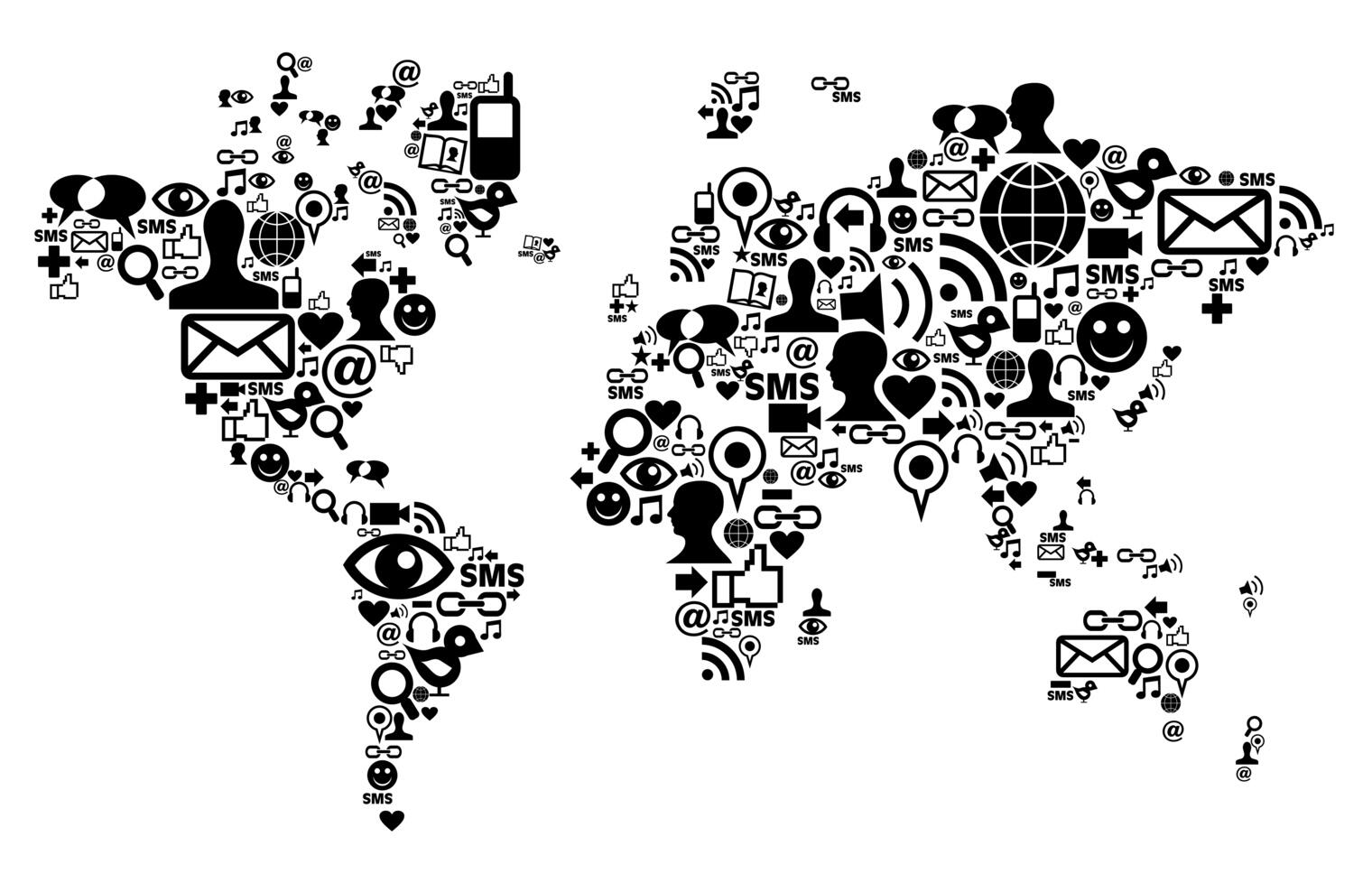 A black and white world map composed of tech items.
