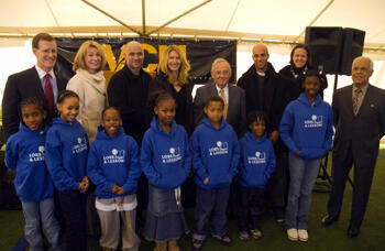 Youth from Lobs & Lessons pose with VIPs at the groundbreaking ceremony.  From left: Michael and Elizabeth Fraizer, Andre Agassi, Stefanie Graf, VCU President Eugene Trani, James Blake, Lindsay Davenport, Richmond Mayor L. Douglas Wilder.