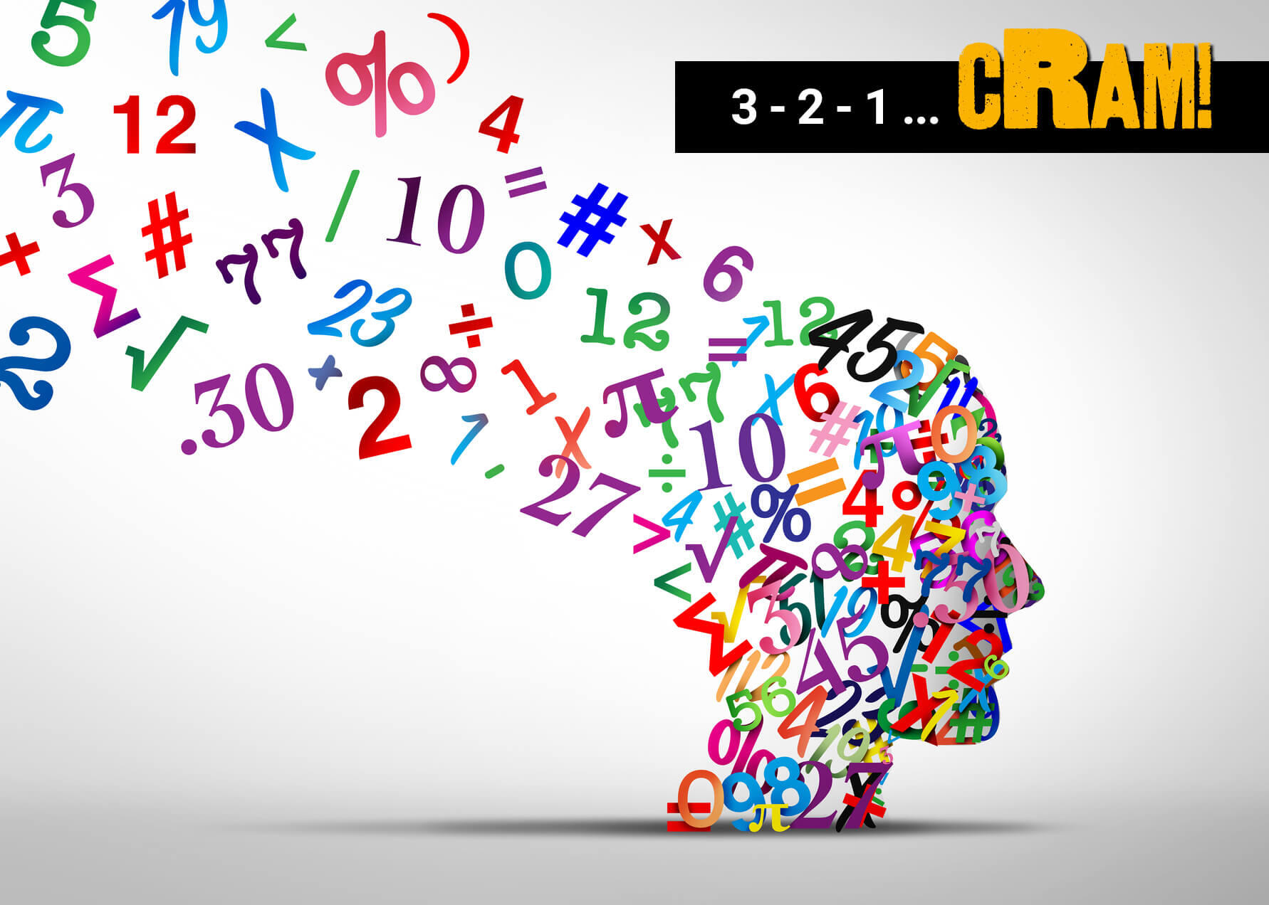 An illustraton of the side profile of a person's head make up of numbers and math symbols in different colors. Up in the top right corner is a black rectangle. White text on the rectangle says \"3 - 2 - 1 ...\" and yellow text says \"CRAM!\" 