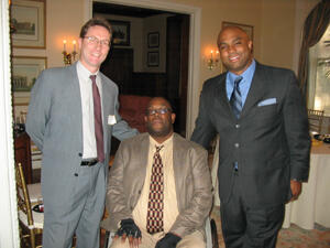 Anthony Mallon, assistant professor in the school of social work (left), Kelvin W. Harris, director of the Richmond Career Advancement Center (center), and Ralph Stewart, Jr., workforce development coordinator, Office of Workforce Development, are working together on a project to offer pre-employment counseling, on-the-job training, mentoring and other services to help community residents find jobs in the VCU Health System, maintain their employment and advance. Photo by Mike Porter, University News Services.
